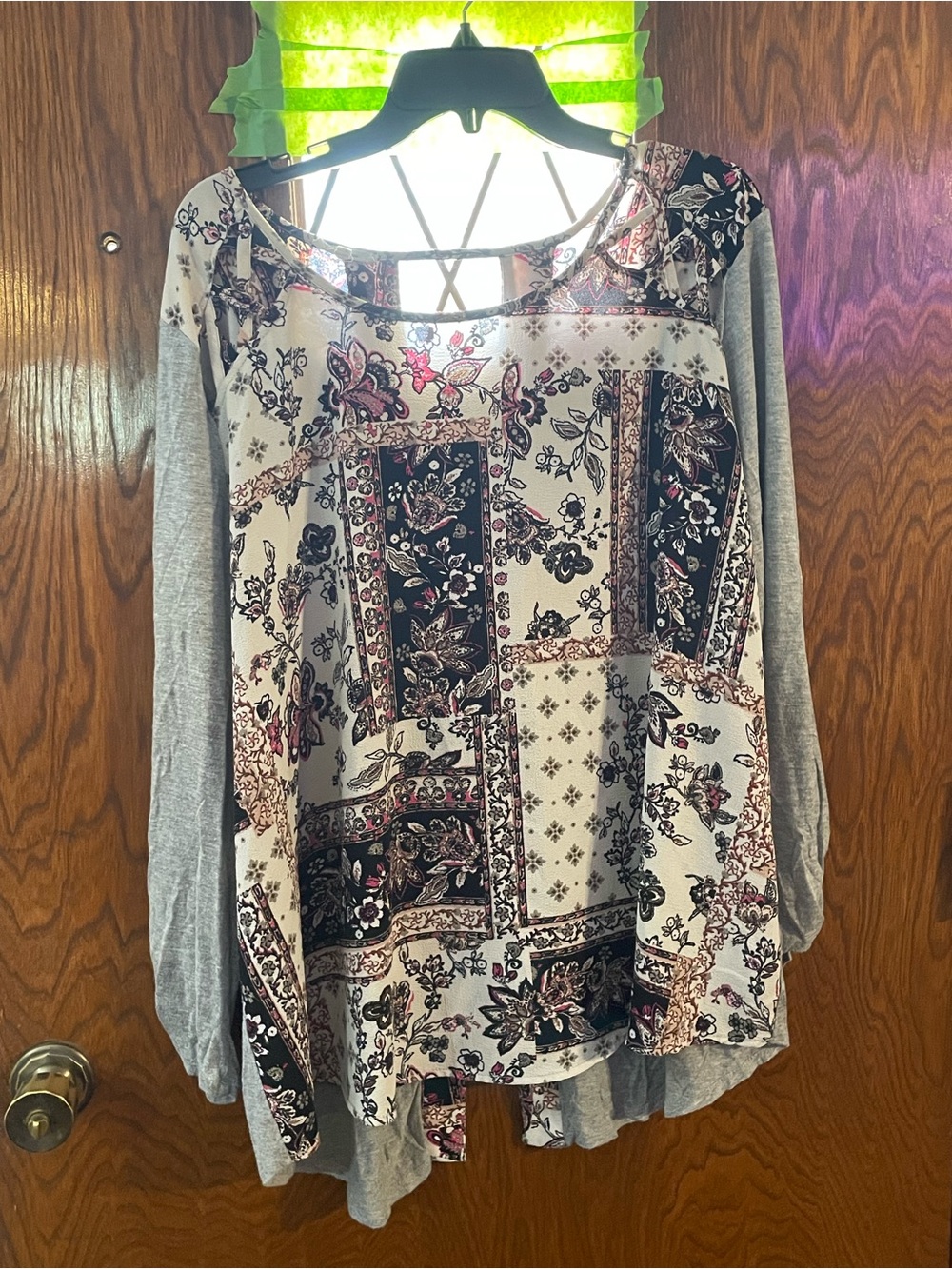 Maurices Patchwork Floral Long Sleeve Top in Cream, Gray and Black